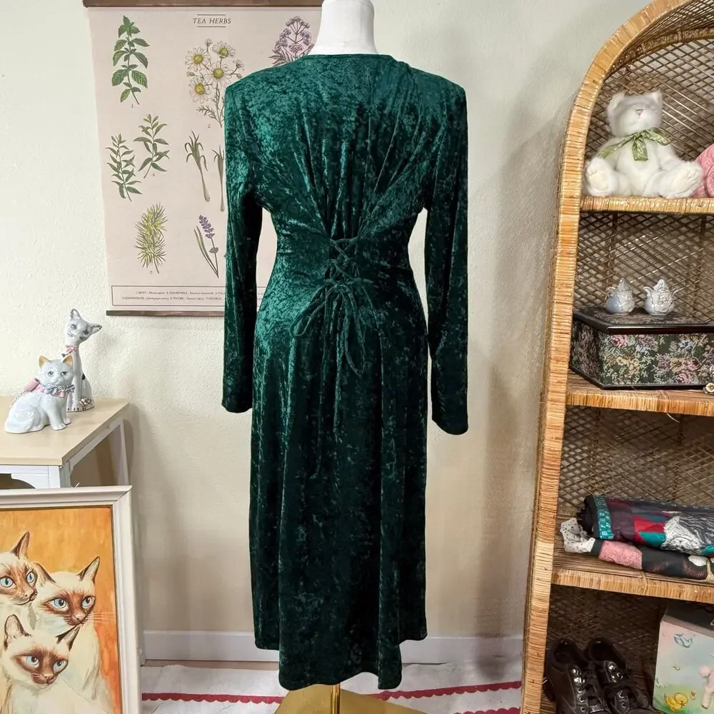 Vintage 80 90s Velvet Lace Up Back Dress Whimsigoth Witchy Romantic Goth Fairy M - Picture 2 of 6
